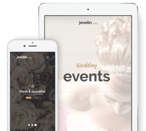The mobile phone and tablet showcase wedding-themed content with elegance. The phone displays a floral background reminiscent of an oil painting, with Fresh & beautiful text, while the tablet features a Wedding events page with a blurred bride, both adorned by the jevelin logo.