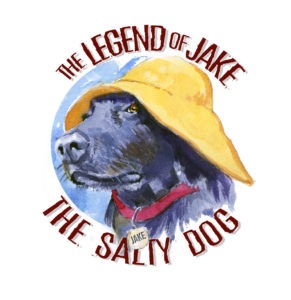 A watercolor painting of a black dog donning a yellow fishermans hat and a red collar with a Jake tag. The text The Legend of Jake, The Salty Dog gracefully encircles this charming piece.