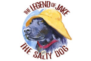 This vibrant artwork features an illustration of a black dog donning a yellow rain hat and red collar, its tag labeled Jake. Encircled by the text The Legend of Jake the Salty Dog, the piece pops against a light blue background, capturing both whimsy and charm.