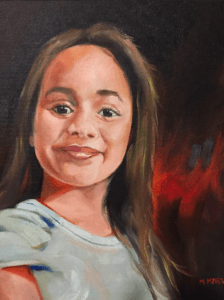 A portrait painting of a young girl with long brown hair. She is smiling softly and wearing a light blue shirt. The background, reminiscent of Meissners style, is an intriguing blend of dark colors with a subtle hint of red, crafted skillfully in oil.