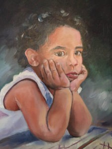 An oil painting of a young child with curly hair, wearing a white top, resting their face in their hands and gazing thoughtfully forward. The background is a soft blend of dark and muted tones, reminiscent of Meissners subtle style.