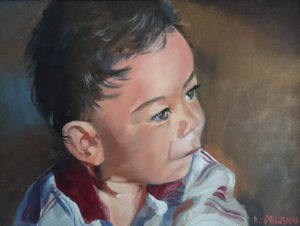 This oil painting is a portrait of a toddler with short dark hair and a focused expression, wearing a white and red shirt. The background features a blend of warm brown tones, capturing the essence of art as the child gazes thoughtfully to the side.