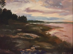 A serene oil painting depicting a coastal scene at sunset. The sky is painted with soft pink and blue hues, casting a warm glow over the water. Dark silhouettes of trees line the horizon, with a rocky shore in the foreground, reminiscent of Meissners tranquil landscapes.