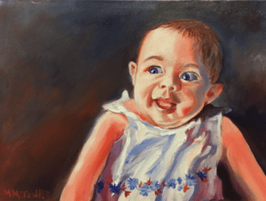 An oil painting of a smiling baby with bright eyes, wearing a white dress adorned with blue and red flowers. The background is a dark gradient, highlighting the babys joyful expression in this exquisite piece of art.