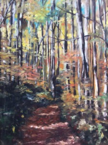 A vibrant painting captures the essence of the Smokemont Loop Trail in autumn. Tall trees with multicolored leaves create a canopy, as fallen foliage blankets the winding path. Sunlight filters through branches, casting dappled shadows on this serene forest scene.