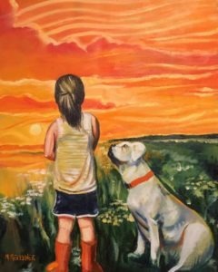 A child in a sleeveless shirt and red boots stands with a white dog, gazing at a vibrant orange sunset over a grassy field dotted with white flowers. The sky is streaked with intense hues of orange and yellow.