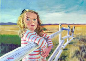 A painting of Katlyn Faith, a young girl with blonde hair in a striped shirt, leaning on a white fence. She gazes forward with a serious expression, set against a wide landscape of fields and a distant horizon.