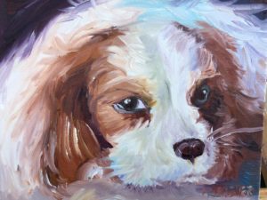 A close-up painting of a dogs face, featuring large, expressive eyes and a soft, fluffy coat in shades of brown and white. The brush strokes are bold and textured, adding depth to the artwork.