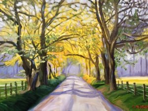 A painting of a sunlit country road lined with trees in full yellow leaf. The sun casts dappled shadows on the path, and a grassy field is visible beyond the fence on the left. The sky is a hazy blue.