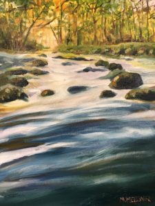 A serene painting of a flowing river with white water over rocks. Surrounding the river are lush green and yellow trees, suggesting a sunlit forest in early autumn. The sky is barely visible through the dense foliage.