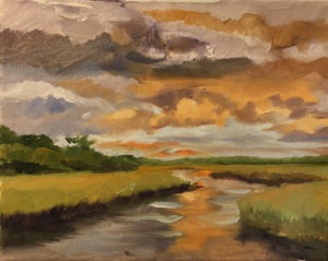 A painterly depiction of a vibrant sunset over a marsh. The sky is filled with dramatic orange and gray clouds, reflecting on the water below. Lush green grasses border the winding waterway, creating a serene natural scene.