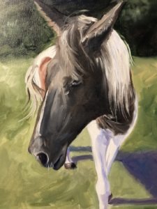 A painting of a horse with a dark mane and white-and-black coat standing in a field. The background is a blurred green, suggesting grass, with shadows on the ground.