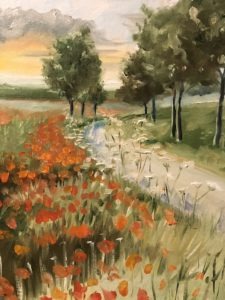 A serene landscape painting depicts a path meandering through a field of vibrant orange poppies. Queen Annes Lace and trees line the path under a soft, pastel sky with hints of clouds, creating a peaceful, natural scene.