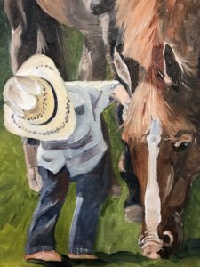 A painting of a little cowboy in a straw hat and blue clothing gently touching the face of a brown horse with a white stripe. The scene is set outdoors, framed by a lush green background.
