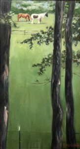 Painting of a serene rural scene with horses grazing in a lush pasture. The foreground features tall trees, partially obscuring the view. One horse is brown, and the other is white with black patches, adding contrast to the verdant landscape.