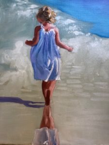 Painting of a child with blonde hair in a light blue dress testing the waters as they walk toward the ocean. The water mirrors the skys blue and the childs dress as they stroll on the sandy beach.