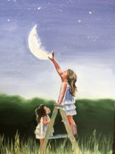 A painting of two young girls in white dresses. One stands on a ladder reaching towards a crescent moon in a starry sky, while the other watches from below like a curious mermaid. They are surrounded by tall grass and a dark green horizon.