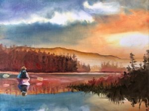 A serene painting depicts a person kayaking on a calm lake at sunset. The sky is a blend of orange, pink, and blue hues. Pine trees and hills are reflected in the water, creating a peaceful and introspective scene.