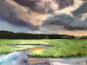 Painting of a marshy landscape with a winding stream under a dramatic sky filled with storm clouds. The horizon features a line of trees, and the scene is illuminated by soft, diffused light.