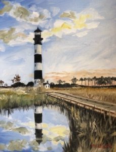 A painting of a lighthouse with black and white stripes stands poised against a sky with scattered clouds, its reflection mirrored in the marshs tranquil waters. Tall grasses sway gently, while distant trees hint at an impending storm on the horizon.