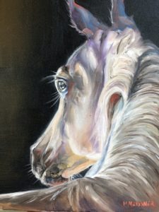 A monochrome painting of a white horses head in profile against a dark background, featuring expressive brushstrokes and subtle color variations. The artwork captures the horses delicate features and calm demeanor.
