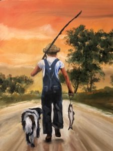 A person in overalls and a straw hat walks down a dirt path at sunset, holding a fishing rod and fish. A dog strolls beside them on this Gone Fishin evening. Trees line the road under an orange sky, capturing the serene essence of a peaceful day outdoors.