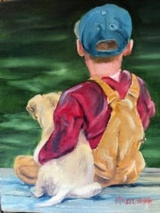 A painting of a child in a blue cap, red shirt, and yellow overalls sitting on a wooden dock beside a body of green water, as if enjoying a fleeting summer shower. The child holds a small dog, both seated with their backs to the viewer.