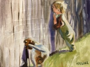 A child and a dog, best friends in their spying adventure, stand by a wooden fence peeking through gaps. The child is on tiptoes while the dog balances with its front paws against the fence. Bright light casts their shadows on the grass.