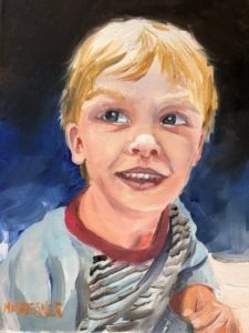 Portrait of a young child with blond hair and a bright smile, wearing a light blue shirt. The background is a mix of dark and light shades, adding depth. The artists signature is visible in the bottom left corner.