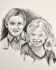 A pencil drawing of two siblings captures the boy on the left with short hair and a collared shirt, while the girl on the right, adorned with a headband, is smiling brightly. Both gaze forward with innocence and charm.