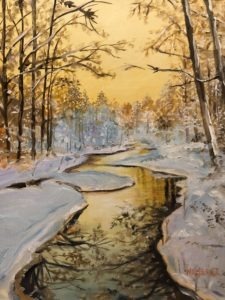 A serene winter landscape painting features a narrow stream reflecting the golden sunset. Snow-covered trees line the banks, and the sky glows with warm yellow hues, highlighting the peaceful, cold atmosphere.