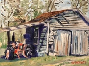 A painting of an old Chinaberry barn with a rusted roof beside a red and black tractor. The background features trees and a blue sky, capturing a rustic, rural setting.