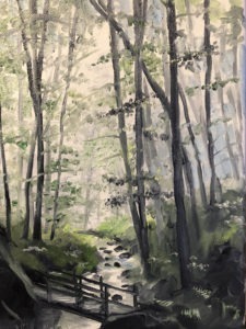 A serene painting of a tranquil, wooded forest scene with tall, slender trees. Sunlight filters through the leaves, casting dappled shadows. A rocky stream flows under a wooden bridge in the foreground, surrounded by lush greenery.