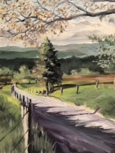 A scenic landscape painting of a winding road through Cades Cove, bordered by grass and trees, with mountains in the distance. A fence runs along the road under a partly cloudy sky, and branches with leaves frame the top of this tranquil scene.