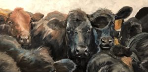 Painting of a group of cows closely gathered together. The focus is on the detailed depiction of their faces, with a mix of brown and black fur, and a textured, expressive style conveying depth and natural light.
