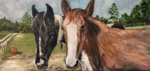 In a green pasture, two horses stand close together like sweethearts. The horse on the left has a dark coat with white markings, while the one on the right is sienna brown with a white blaze. Trees and a fence provide a serene backdrop under the expansive blue sky.
