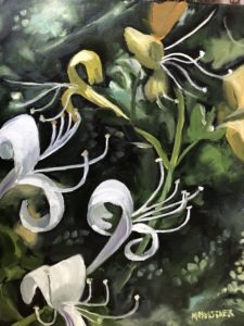 A close-up painting of white and yellow honeysuckle flowers with green foliage in the background. The flowers have long, curved petals and slender stamens, creating an elegant and dynamic composition.