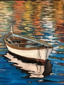 Painting of a small white rowboat floating on a colorful, reflective water surface. The water is painted with swirling patterns of blue, orange, and yellow, creating an impressionistic effect.