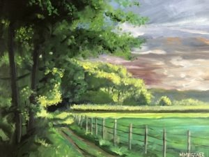 A vibrant landscape painting, titled Fields of Green, depicts a lush, sunlit expanse bordered by trees and a wooden fence. The sky above is a dance of clouds and blue, suggesting a partly cloudy day. This serene scene beautifully conveys a peaceful, pastoral setting.