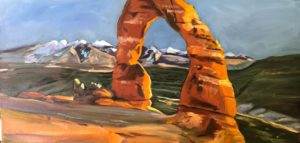 A stunning painting captures Delicate Arch in Arches National Park, Utah, its striking orange hue set against a backdrop of majestic mountains and a cloudy sky.