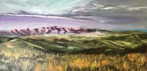 A landscape painting featuring rolling green hills in the foreground, with the rugged Bonneville Peak range in the distance under a cloudy sky. The scene is bathed in soft, diffused light, creating a serene and tranquil atmosphere.