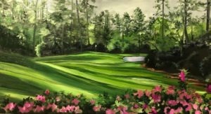A vibrant landscape painting of Augustas lush golf course bathed in morning light, surrounded by dense trees. In the foreground, bright pink flowers line the view. The scene features a small pond and rolling, well-maintained grassy hills under a gray sky.