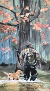 A painting by Michael Meissner depicts a person in camouflage, rifle in hand, navigating through water alongside a loyal dog. They are enveloped by trees adorned with vibrant pink autumn leaves.