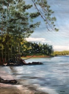 A tranquil lakeside painting by Michael Meissner features tall, green trees along the shore. Their branches stretch over the water, casting reflections on the calm surface. A clear blue sky and distant trees complete this peaceful landscape.