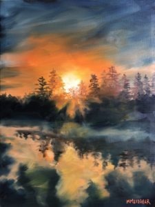 A painting of a vibrant sunset over a forest at Lake Strom Thurmond, with the suns rays illuminating the sky in warm orange and yellow hues. The trees and colorful sky reflect beautifully in the calm lake waters, creating a perfect scene for lake recreation enthusiasts.