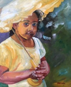 A painting of a child wearing a yellow dress and holding a large yellow hat, casting a shadow over their face. Nearby rests a yellow umbrella, hinting at sun or rain. The backgrounds mix of greens and dark hues suggests an outdoor setting as the child gazes forward with a thoughtful expression.