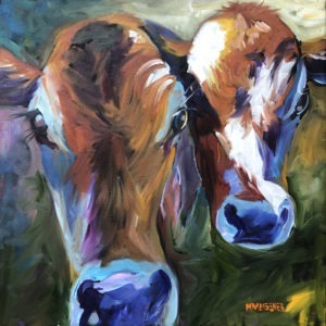 Abstract painting of two cows with bold brush strokes and vibrant colors, including browns, blues, and purples. The cows have expressive eyes and detailed faces, set against a muted green and blue background reminiscent of the landscapes near Warren Co., GA. The artists signature is visible.