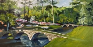 A painting of a serene garden scene with a stone bridge arching over a stream. The background features lush green trees and pink flowers lining a pathway, reminiscent of the charming landscapes near Wellfleet. The bright sky suggests its another sunny day in this picturesque locale.