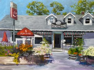 A painting of a quaint South Wellfleet general store features a gray exterior, a red Coca-Cola sign, and vibrant flowers in the foreground. The store boasts a striped awning and central entrance, nestled in greenery under the expansive blue sky.