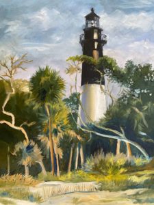 A serene landscape painting depicts Augustas iconic lighthouse, nestled amid lush greenery and palm trees. The sky is partially cloudy, casting soft light over No. 12, creating a peaceful and idyllic coastal setting.